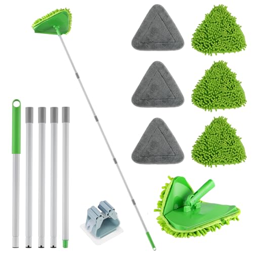 RONSUNG Wall Cleaner Triangle Mop with 82 Long Handle Wall Scrubber Cleaning Washer Tool with 6 Pads for Clean Walls Ceiling Windows Floors Baseboards Green
